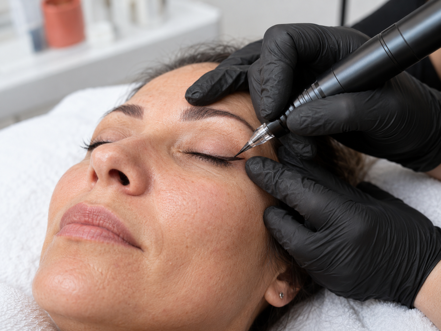 Permanent-Eyeliner am geschlossenen Auge